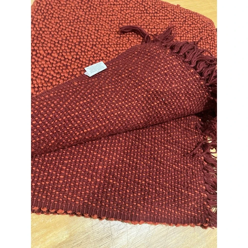 Crate And Barrel Reid‎ Cinnabar Throw Woven Red Orange Fringe 70x40